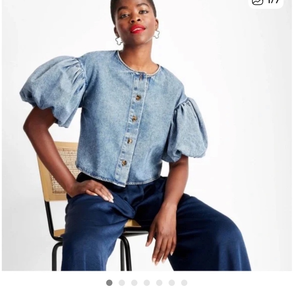 Denim Puff-Sleeve Button-Front Blouse - Blue